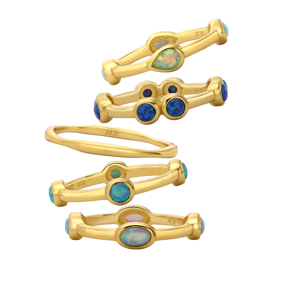 Set of 5 18K/24K Gold Plated Rings with Synthetic Opal - Mare - 18