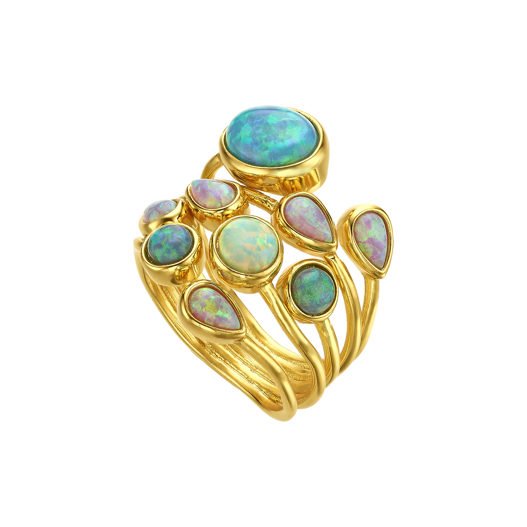 24K Gold Plated Ring with Mixed Synthetic Opal - Mare - 3