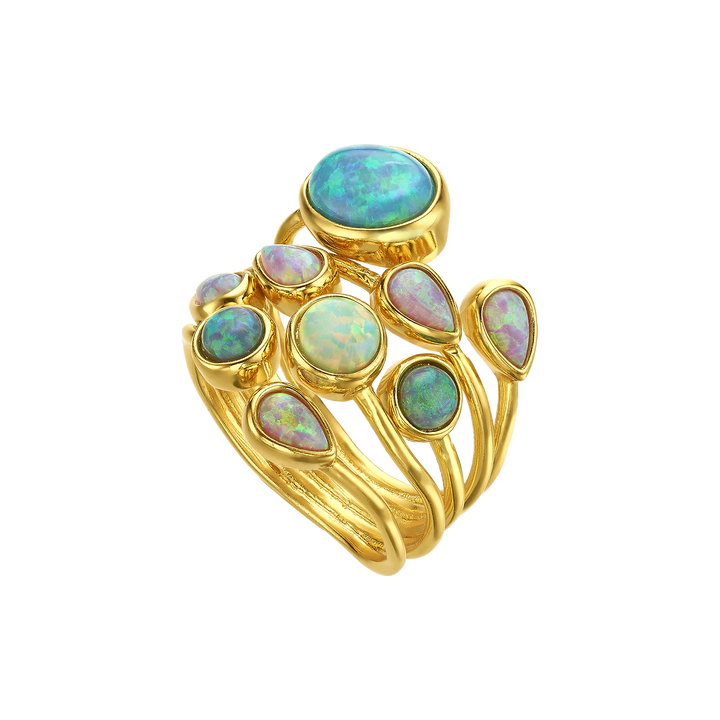 24K Gold Plated Ring with Mixed Synthetic Opal - Mare - 3