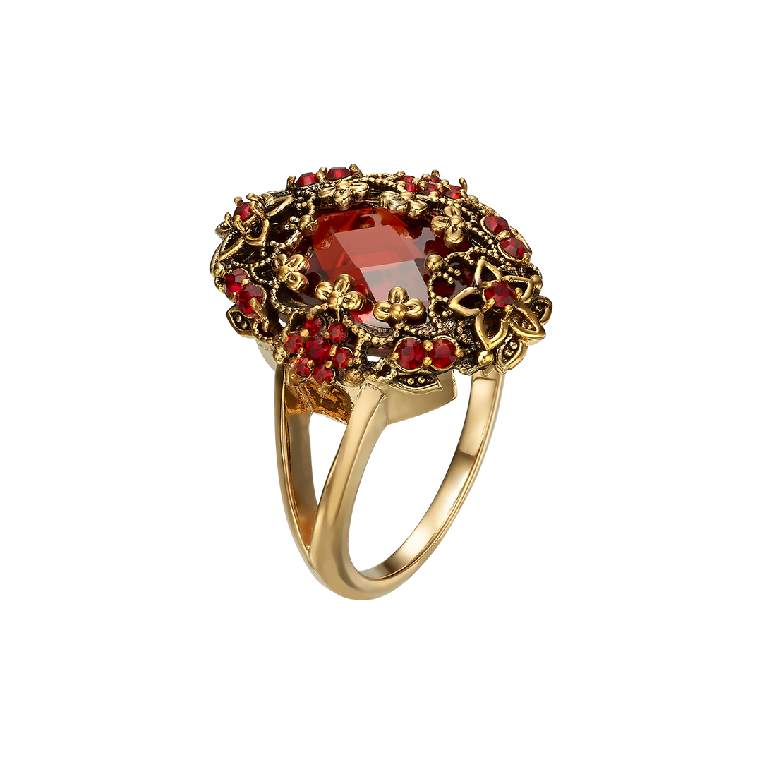 18K Gold Plated Ring with Red Zirconia M - Heritage