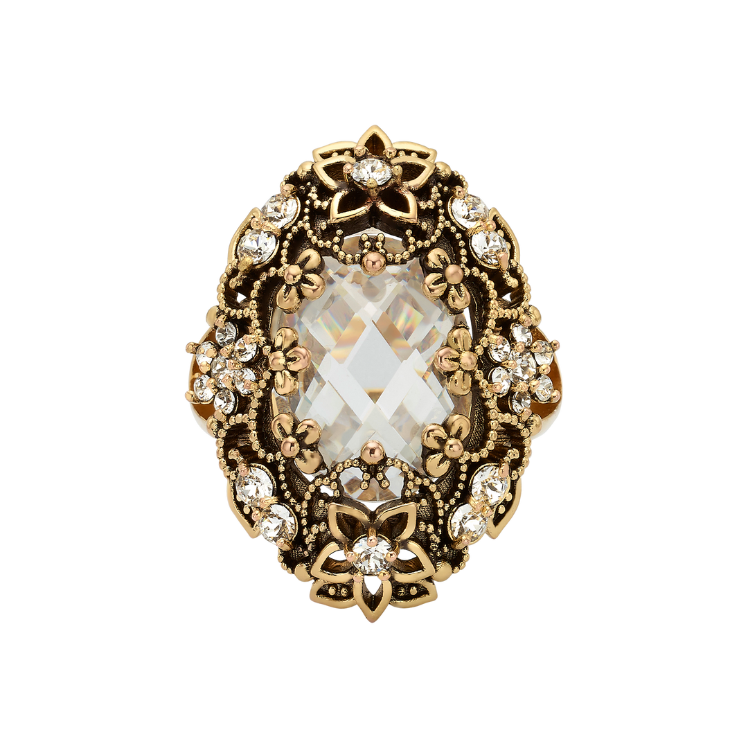 18K Gold Plated Ring with Clear Crystal L Heritage