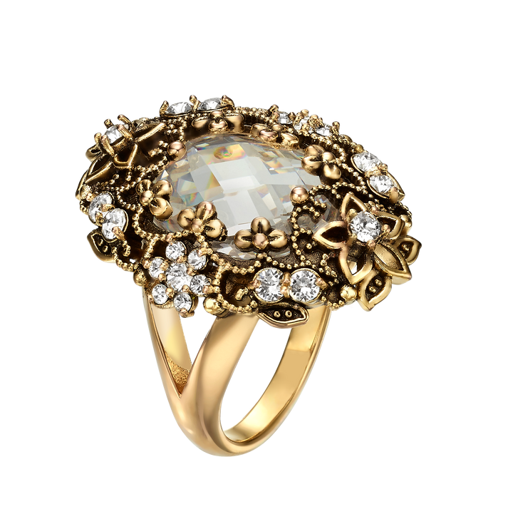 18K Gold Plated Ring with Clear Crystal L Heritage