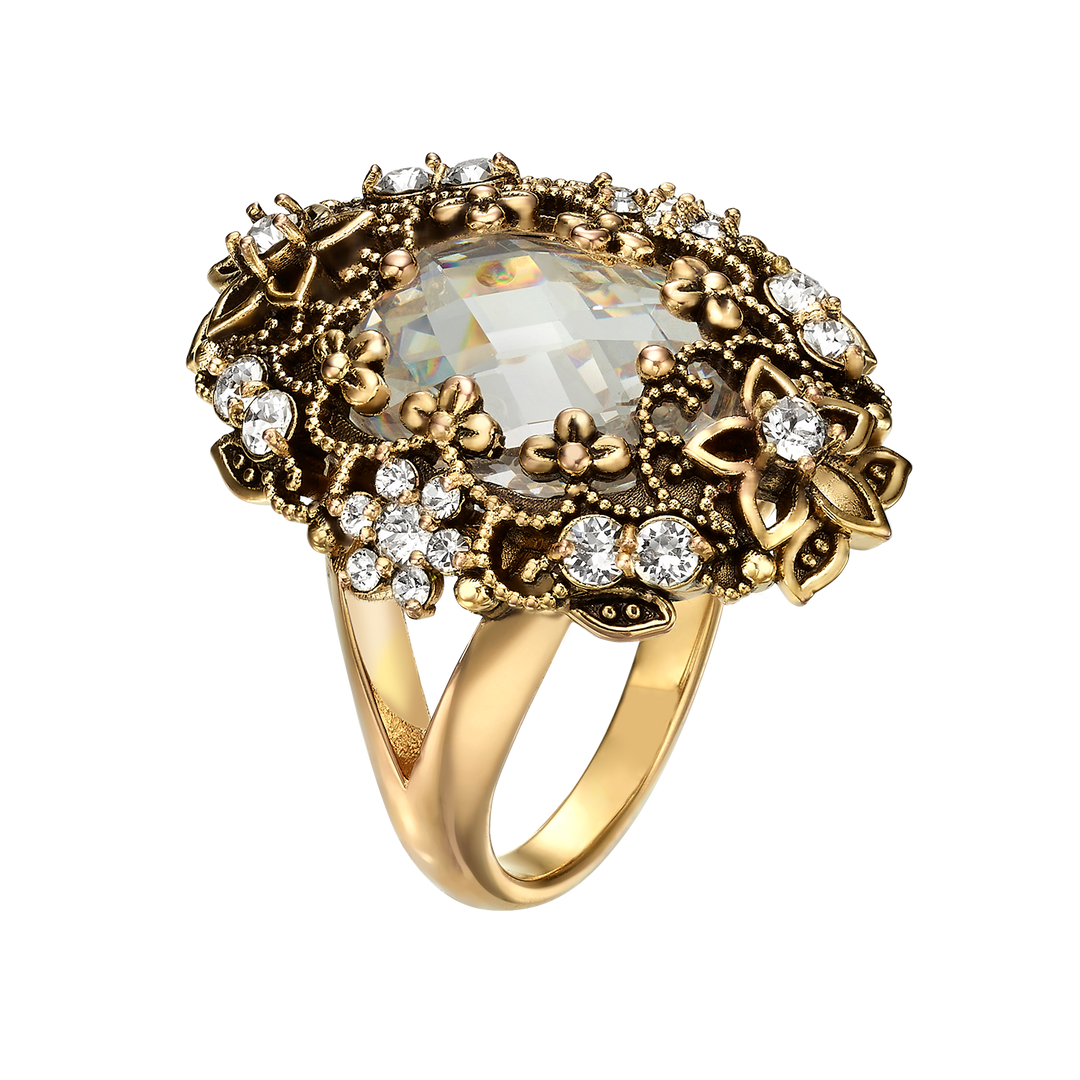 18K Gold Plated Ring with Clear Crystal L - Heritage