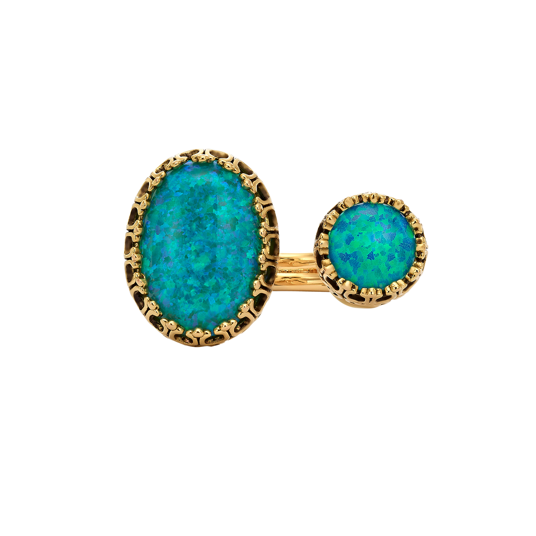 18K Gold Plated Open Ring with Blue Synthetic Opal - Heritage - 3