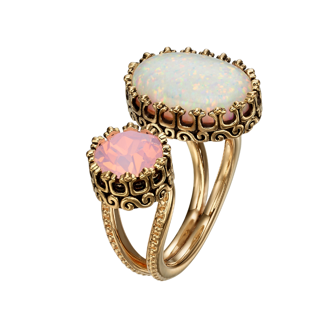 18K Gold Plated Open Ring with White-Pink Synthetic Opal - Heritage