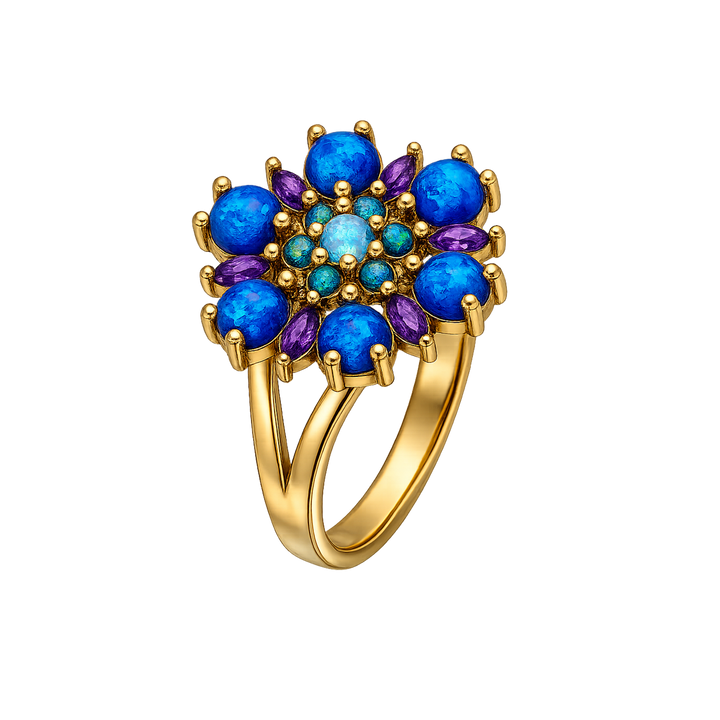 24K Gold Plated Flower Ring with Blue-Purple Lab-Created Opal - Heritage