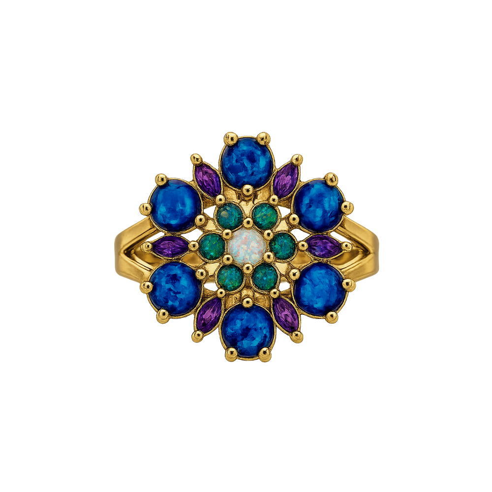 24K Gold Plated Flower Ring with Blue-Purple Lab-Created Opal - Heritage - 2