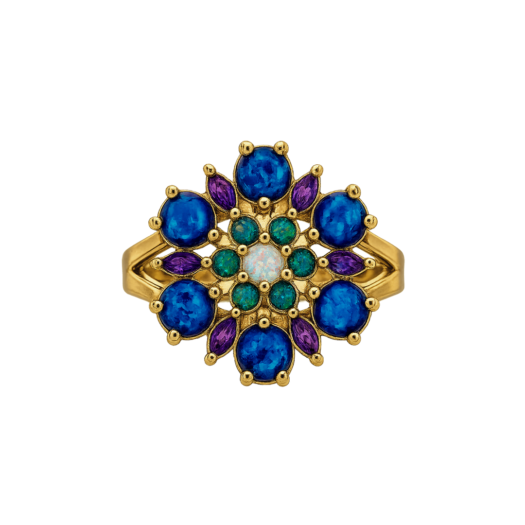 24K Gold Plated Flower Ring with Blue-Purple Lab-Created Opal - Heritage - 2