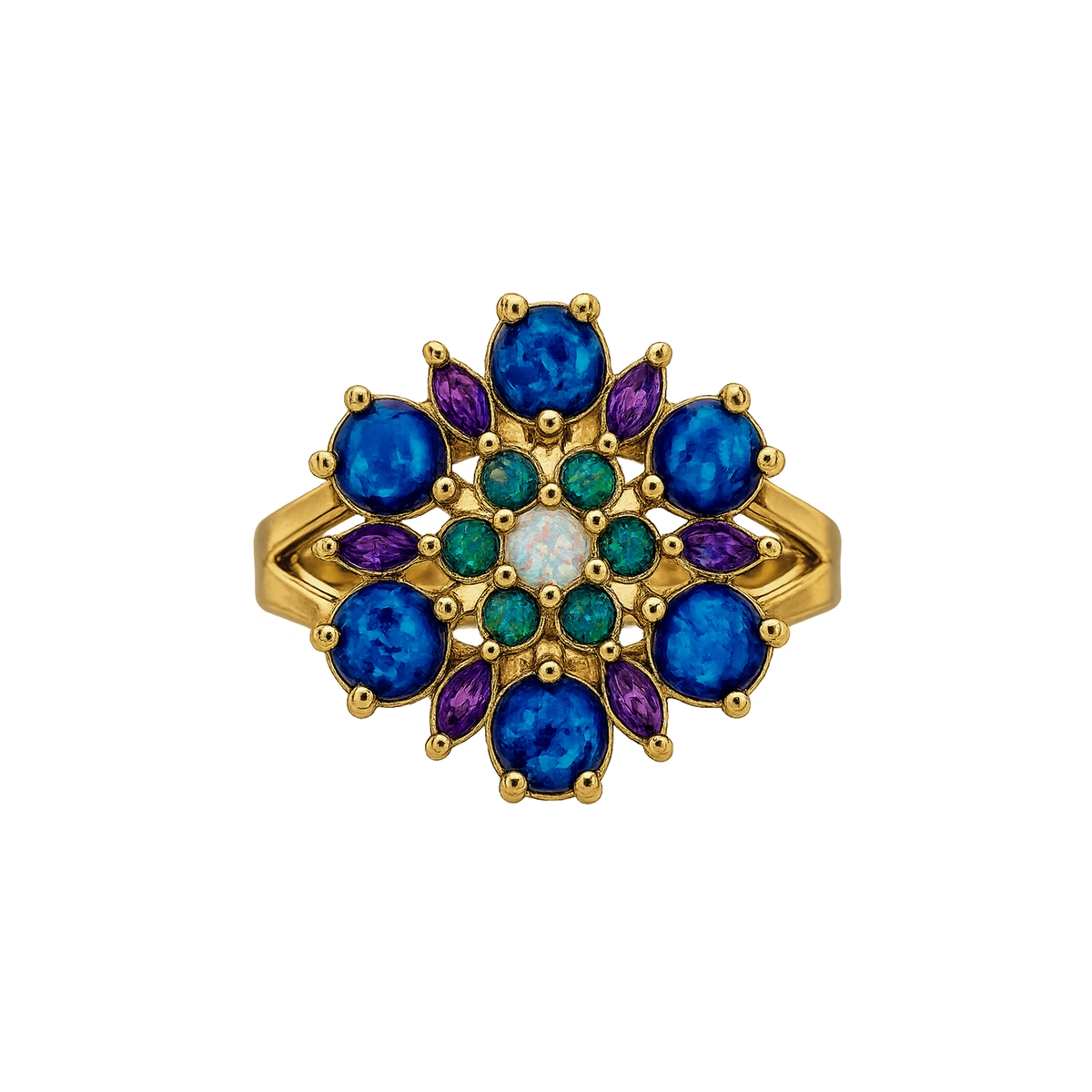 24K Gold Plated Flower Ring with Blue-Purple Lab-Created Opal - Heritage - 2