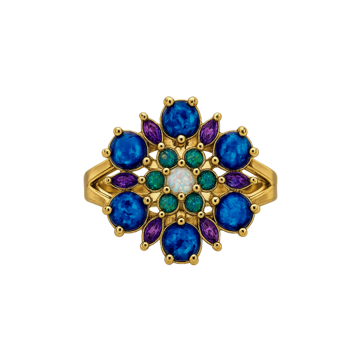 24K Gold Plated Flower Ring with Blue-Purple Lab-Created Opal - Heritage - 2