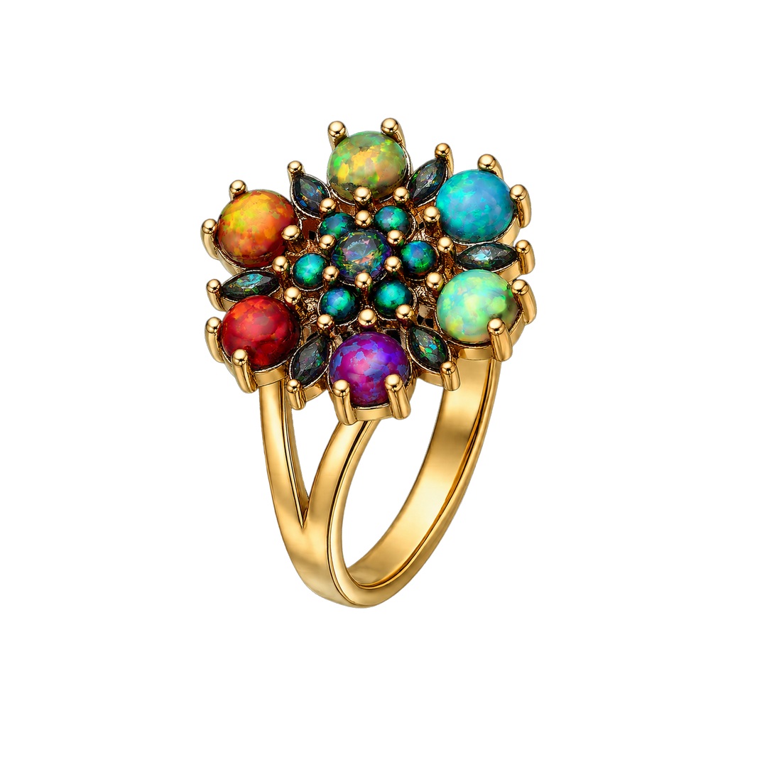 24K Gold Plated Flower Ring with Multicolor Lab-Created Opal - Heritage