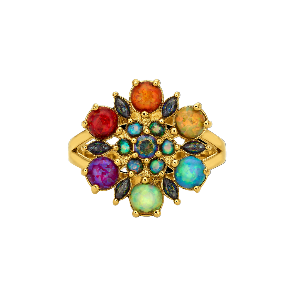 24K Gold Plated Flower Ring with Multicolor Lab-Created Opal - Heritage - 2