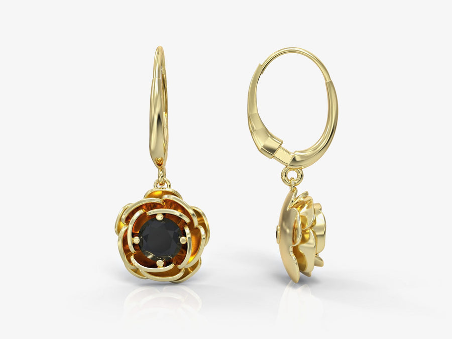 Dangling rose earrings in yellow gold plated with black zircons