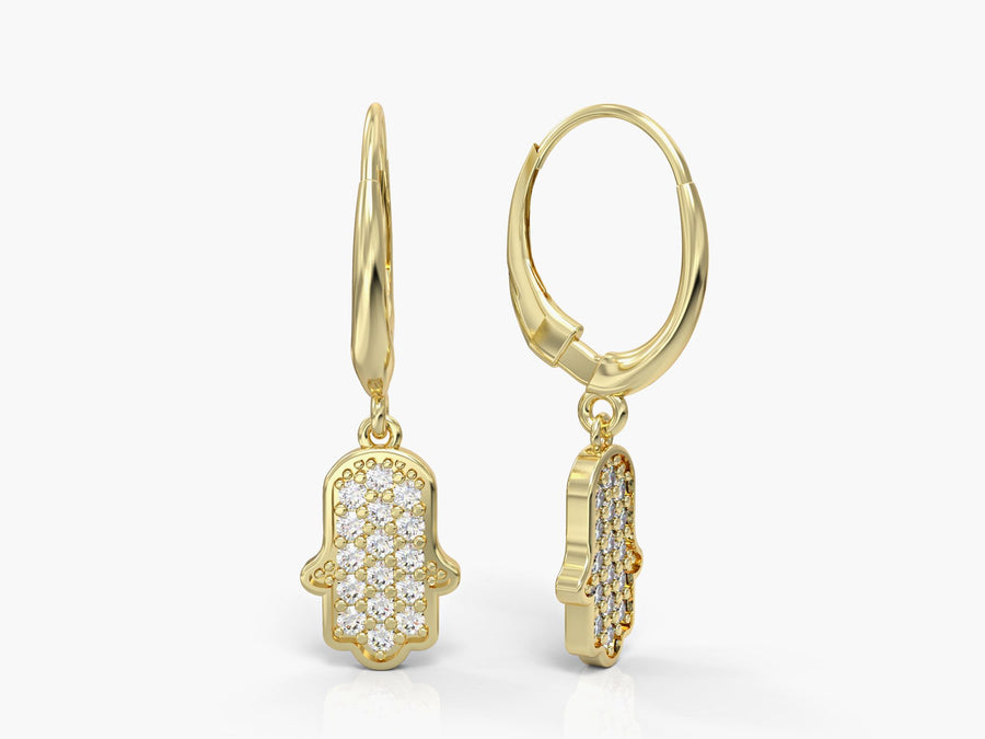 Hamsa dangling earrings studded with zircons