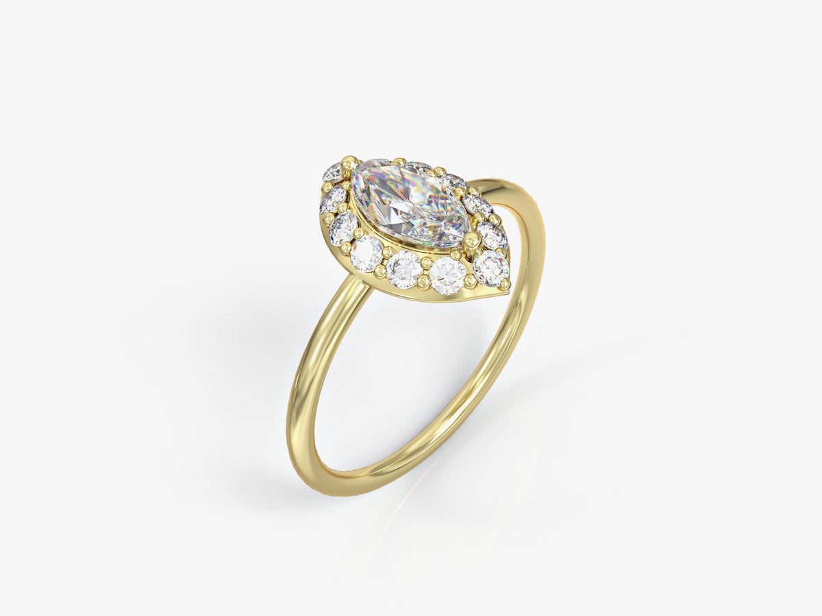 An eye ring studded with zircons in the shape of a marquise