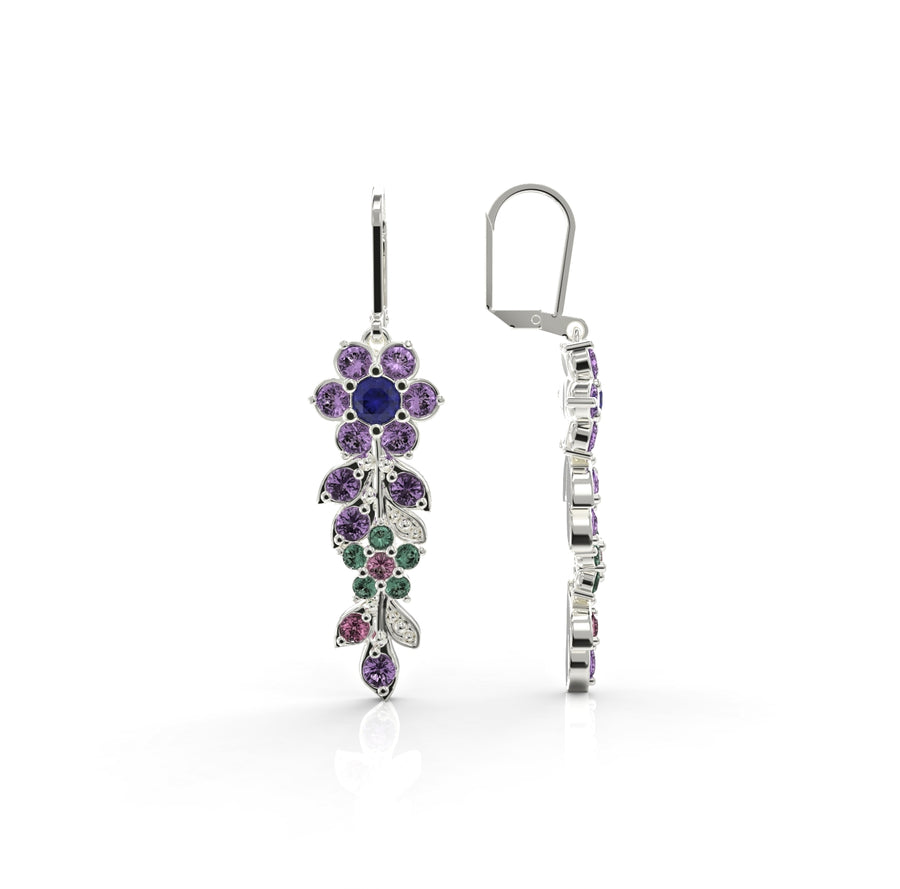 Long Blooming Branch Gold Earrings set with Crystal Stones 1