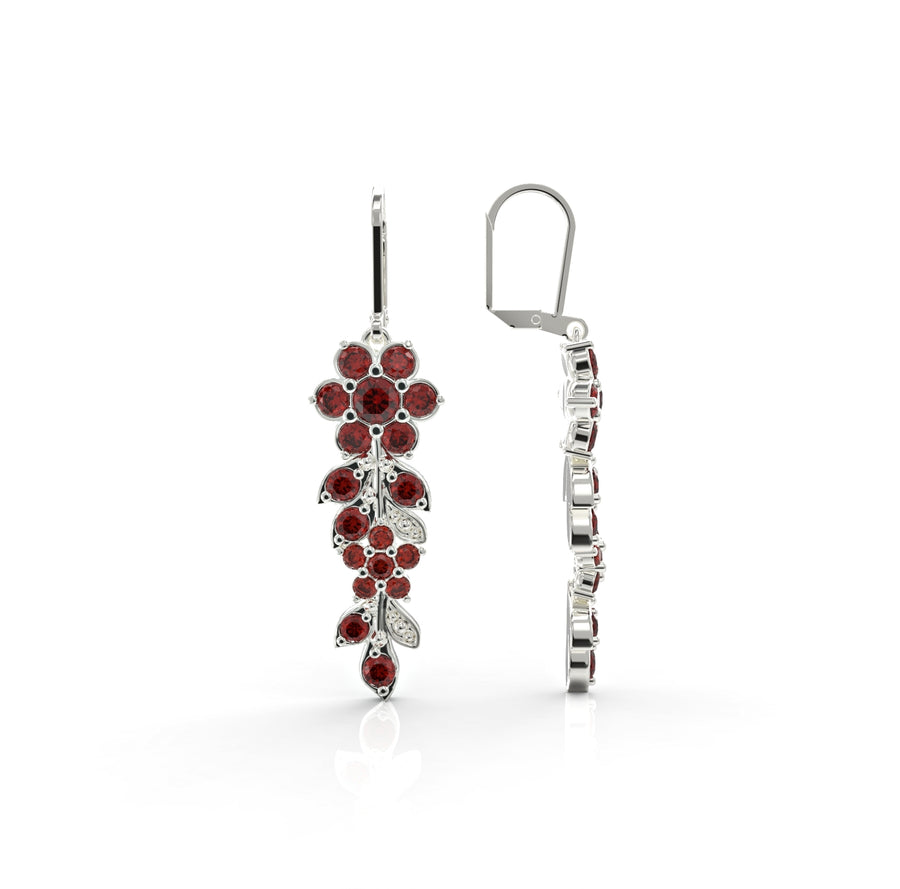 2 gold earrings long flowering branch studded with crystal stones