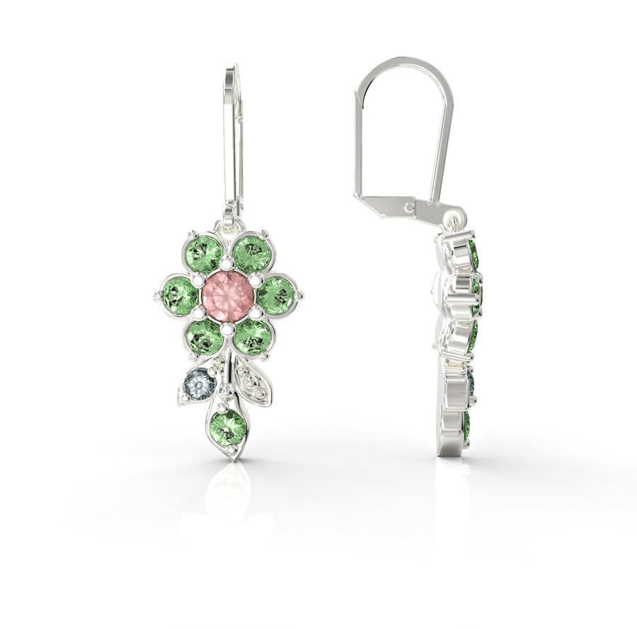 3 short flowering branch gold earrings studded with crystal stones