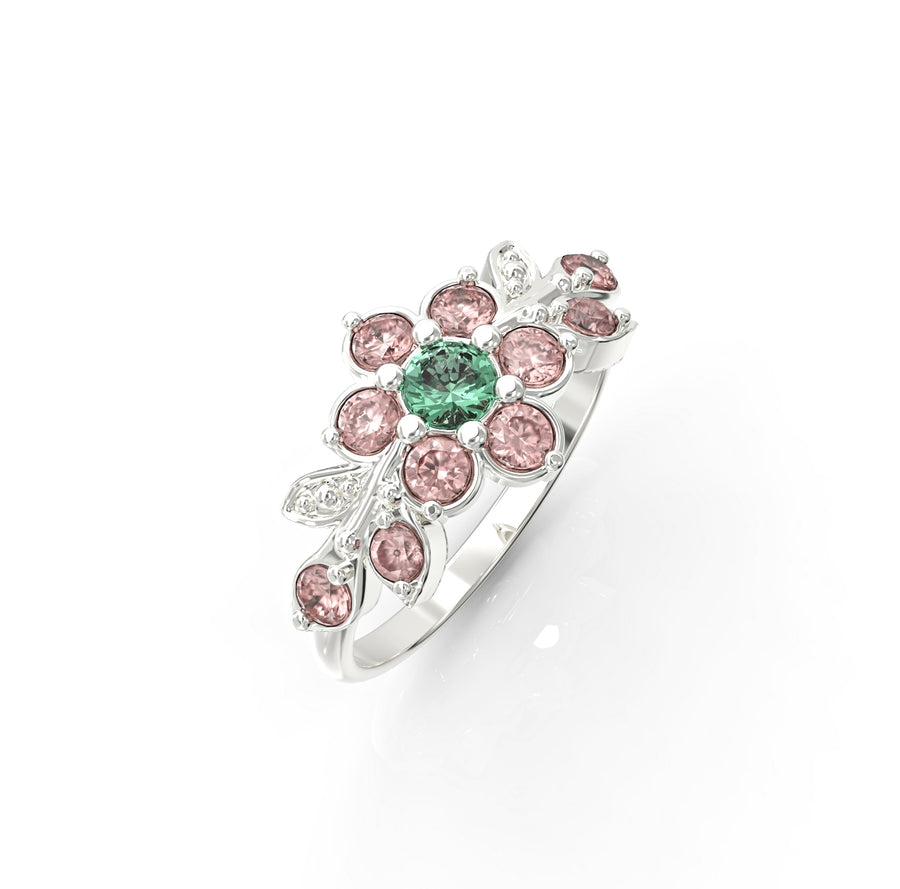 Flowering branch gold ring set with crystal stones 1