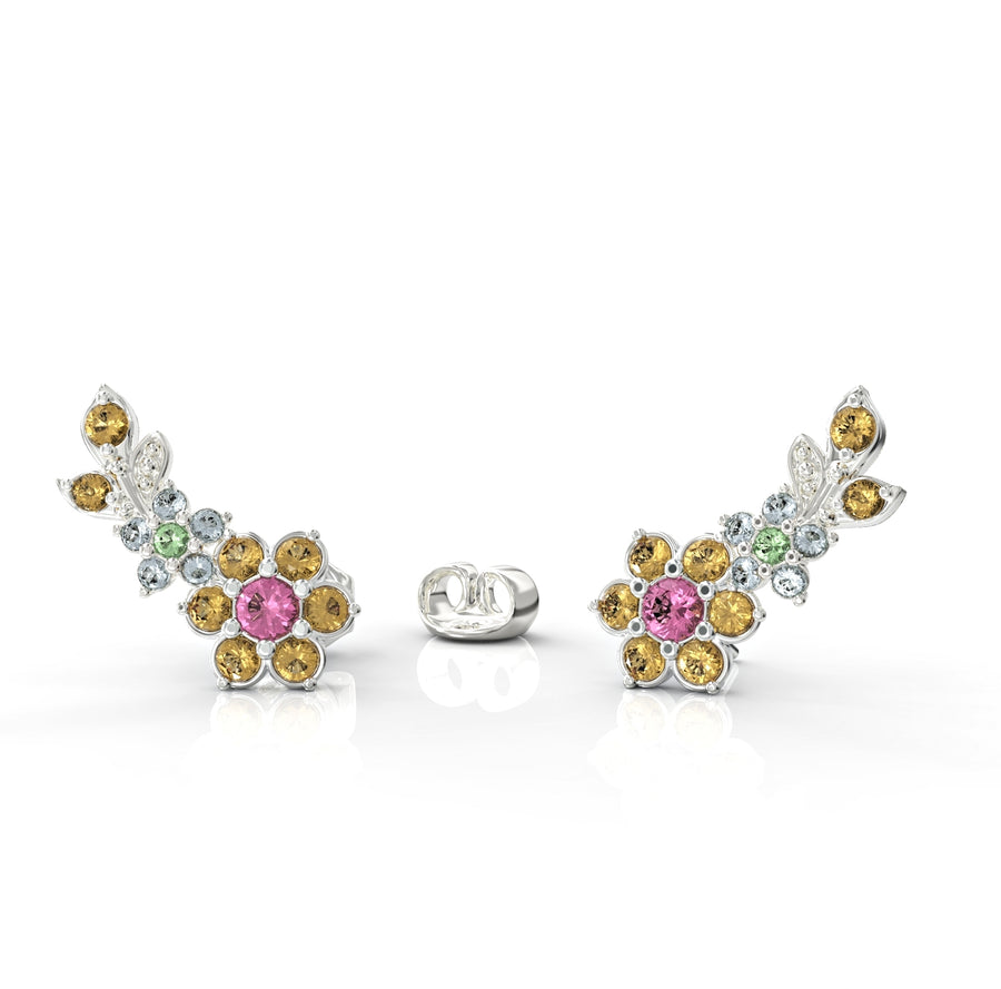 Gold earrings climbing flowering branch studded with crystal stones 3