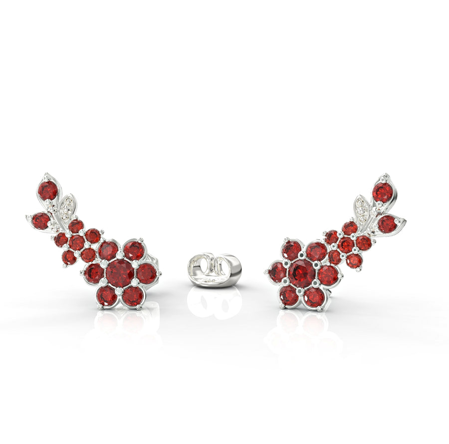 Gold earrings climbing flowering branch studded with crystal stones 1
