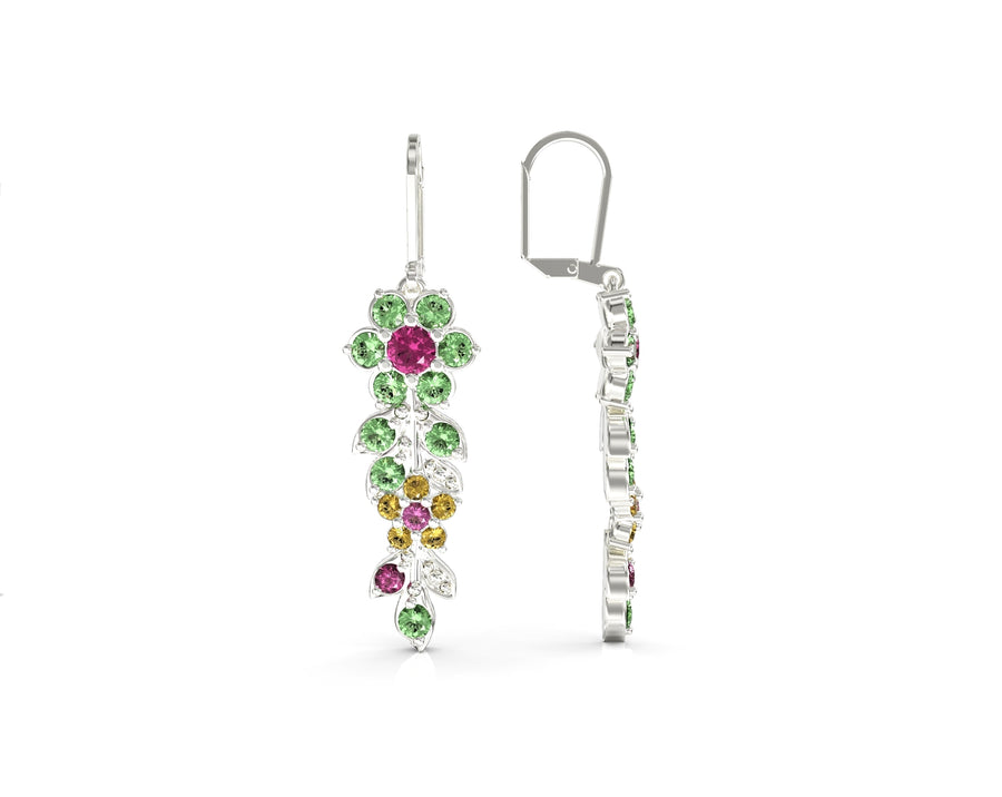 3 gold earrings long flowering branch studded with crystal stones