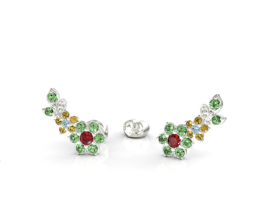 Gold earrings climbing flowering branch studded with crystal stones 2