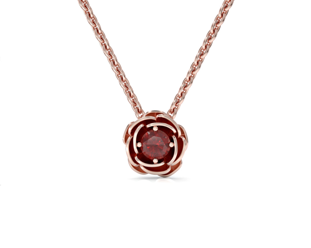Rose necklace studded with ruby ​​colored crystal stones