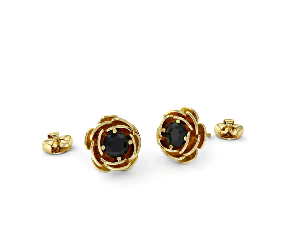  Yellow gold plating Inlaid black Zirconia Gemstones Rose Stud Earrings