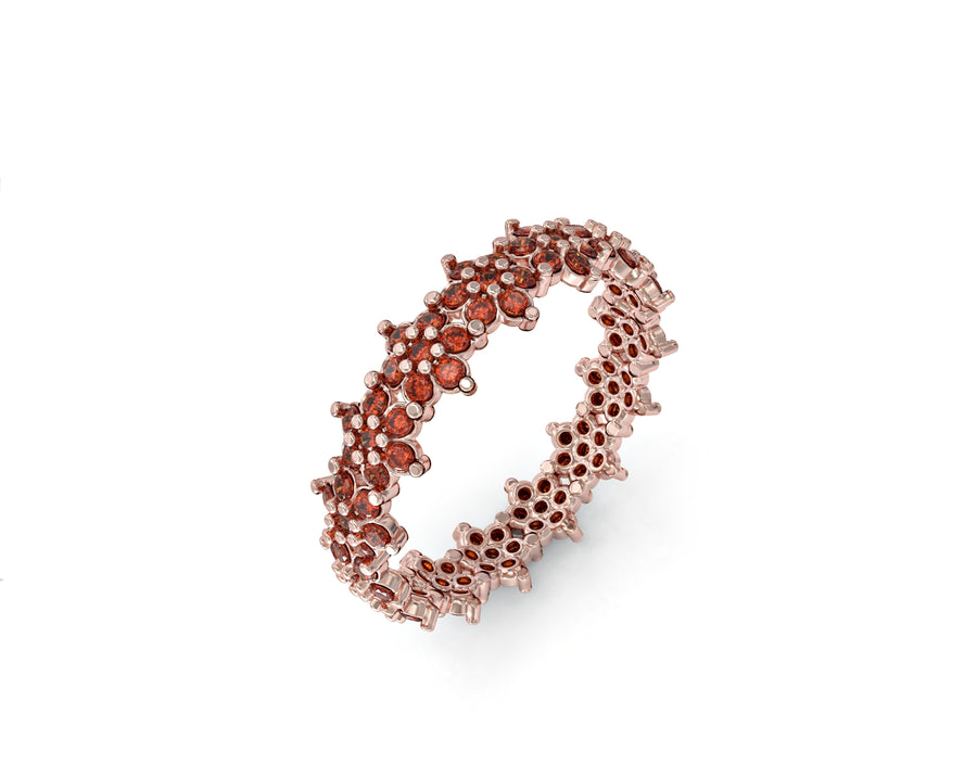 14K gold ring with three flowers set with 2 crystal stones