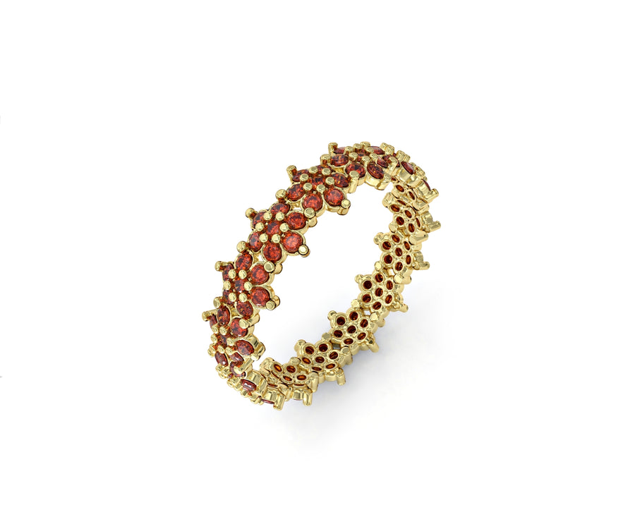 14K gold ring with three flowers set with 3 crystal stones
