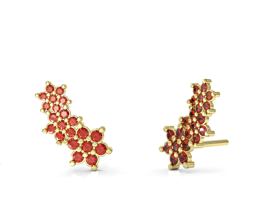 Gold earrings with three flowers set with crystal stones 2