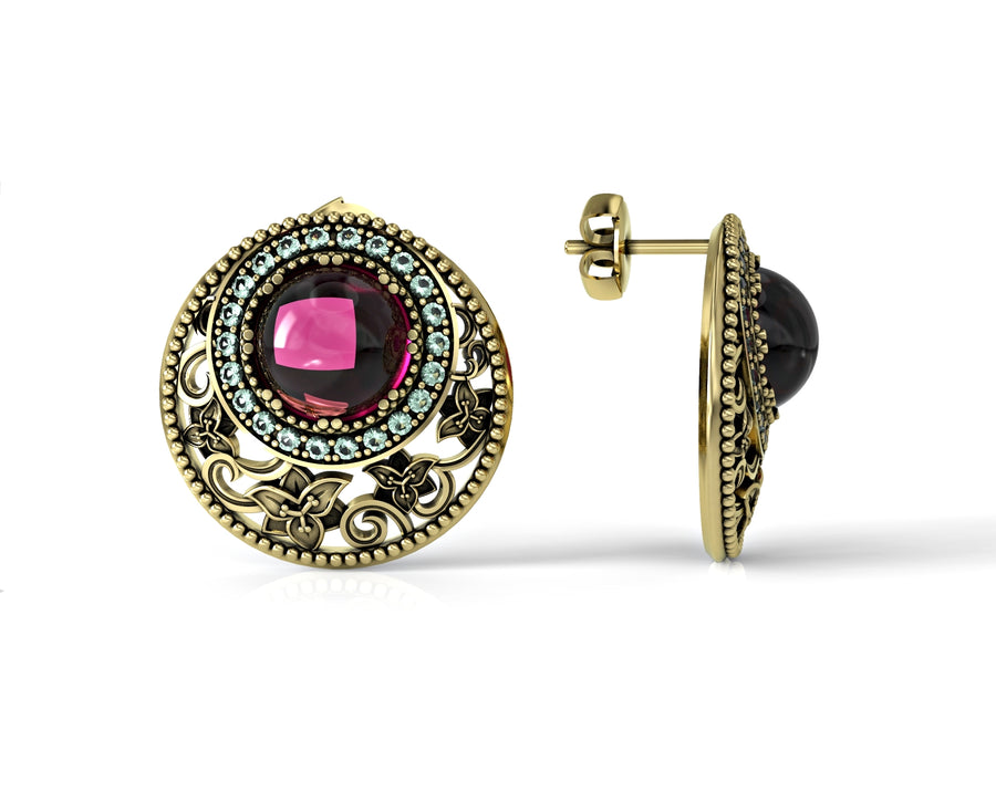 Gold earrings decorated with flowers inlaid with crystal stones 1