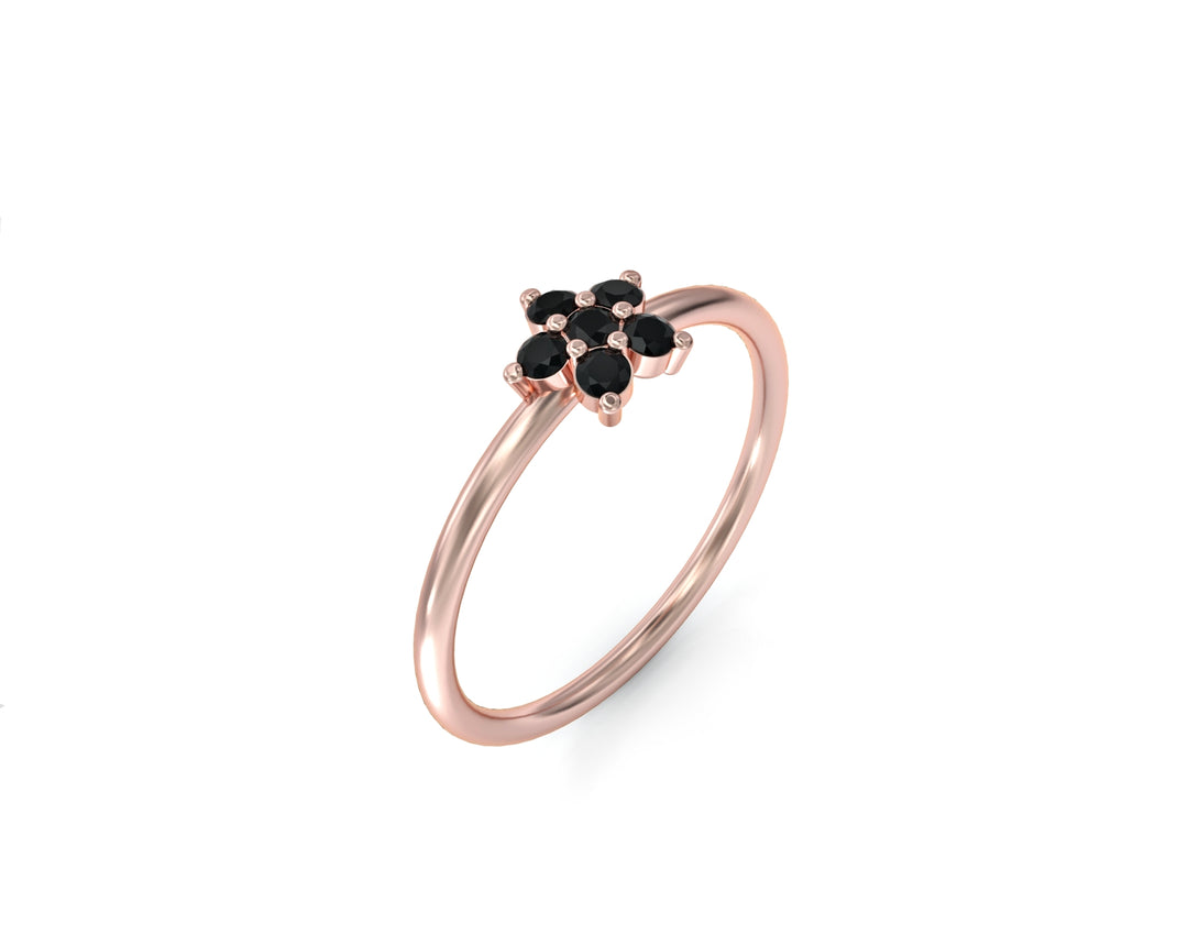 Single flower gold ring set with black diamonds 2 