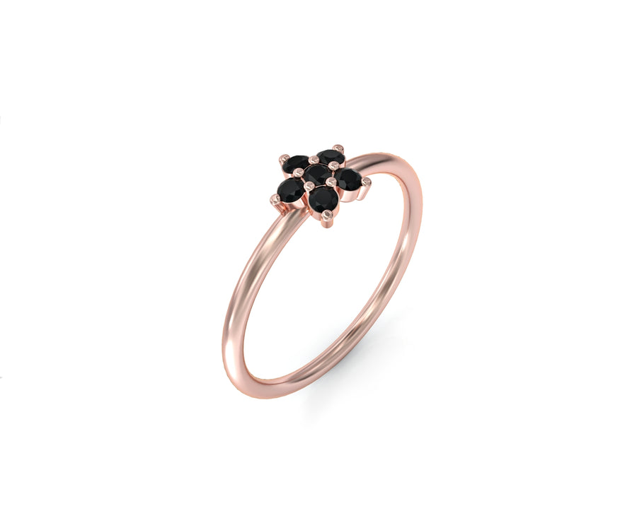 Single flower gold ring set with black diamonds 2