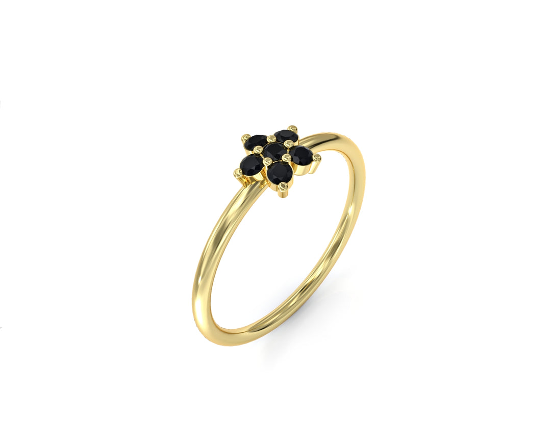 Single flower gold ring set with black diamonds 5 