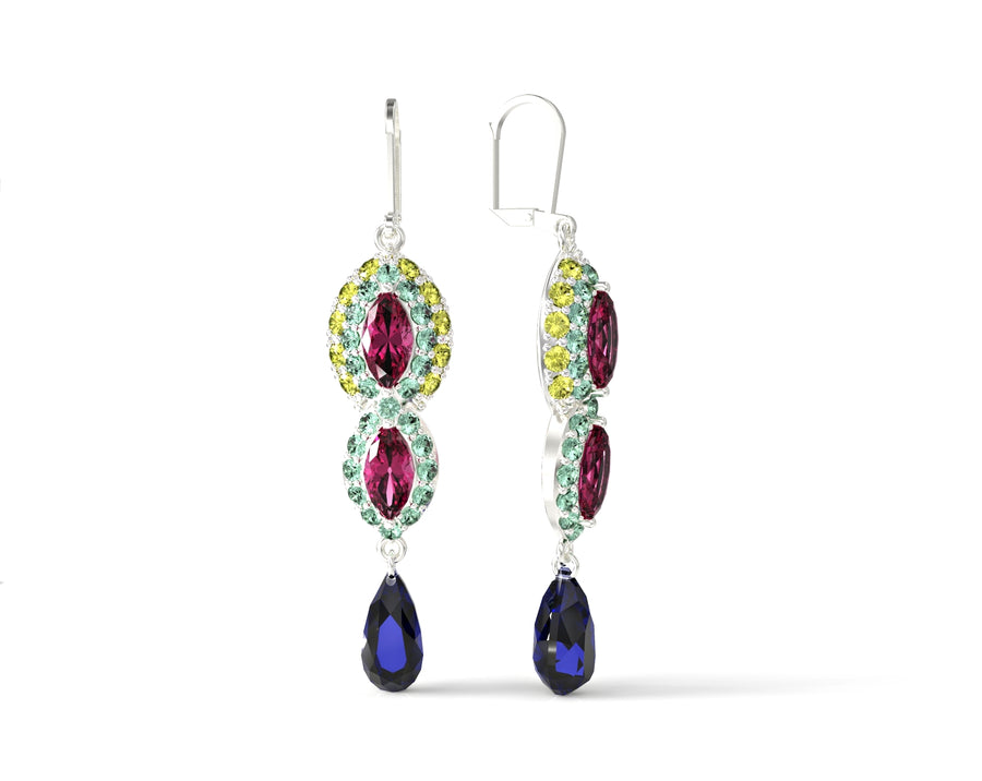 Gold dangling eye earrings studded with crystal stones 1