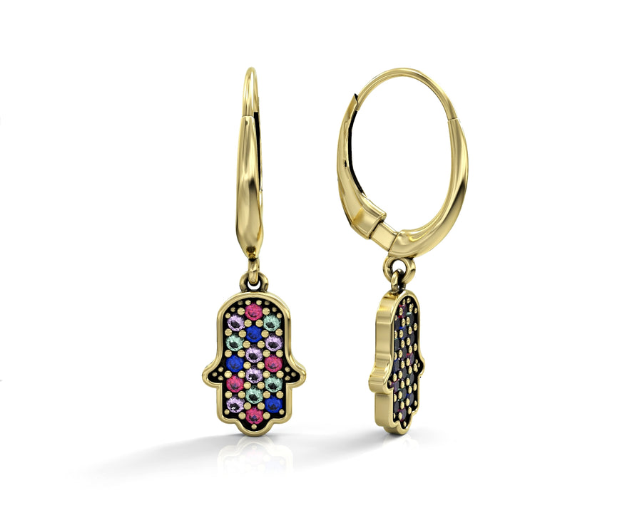Hamsa gold earrings studded with crystal stones 3
