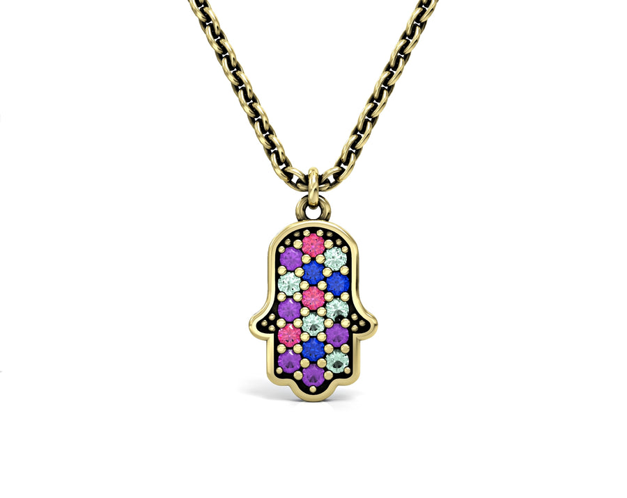 Hamsa 14K gold necklace inlaid with crystal stones model 3