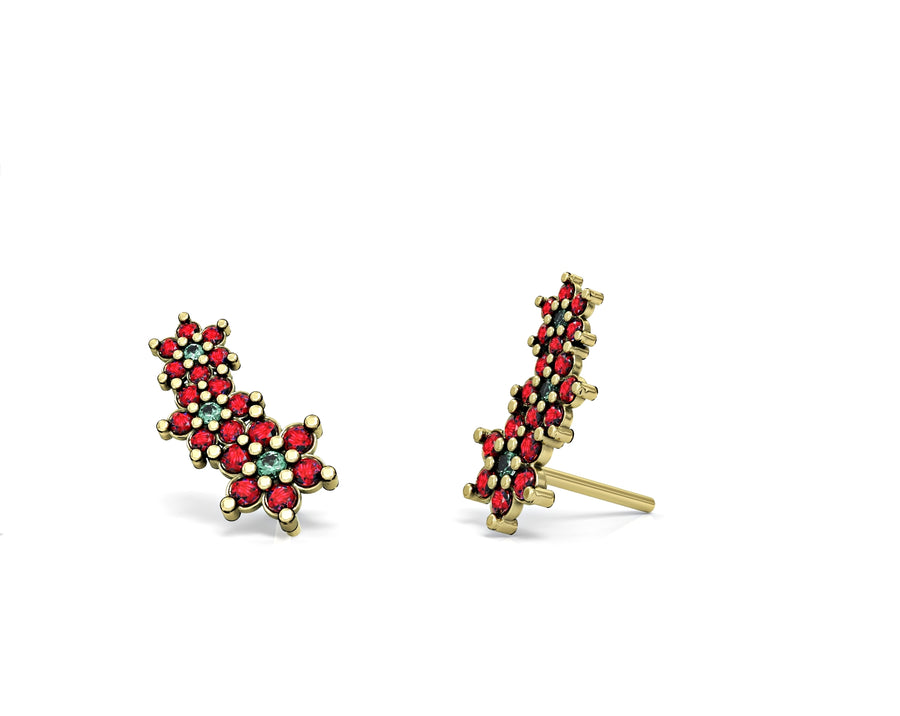 Gold earrings with three flowers set with crystal stones 4