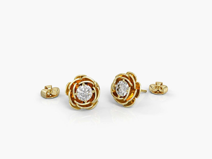 Close-up rosette earrings in yellow gold plating inlaid with white zircon