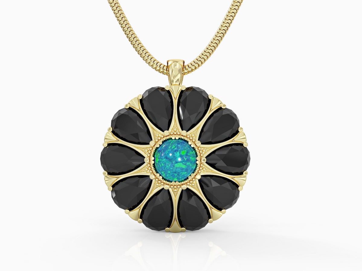 Drop flower necklace studded with zircons and opal