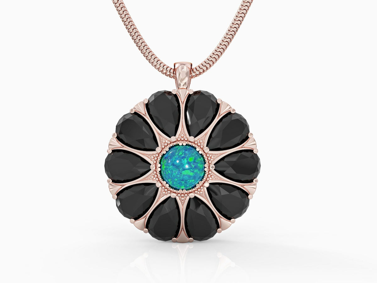 Drop flower necklace studded with zircons and opal