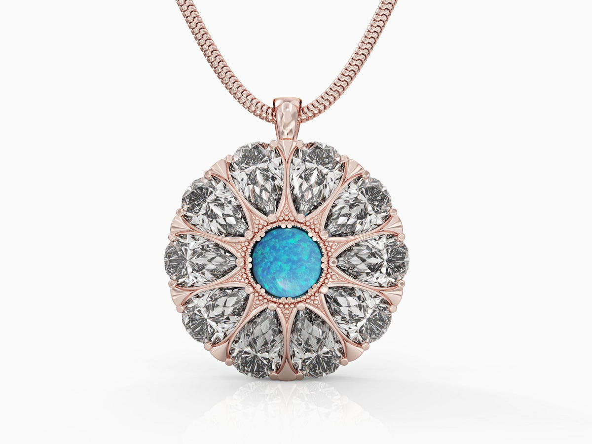 Drop flower necklace studded with zircons and opal