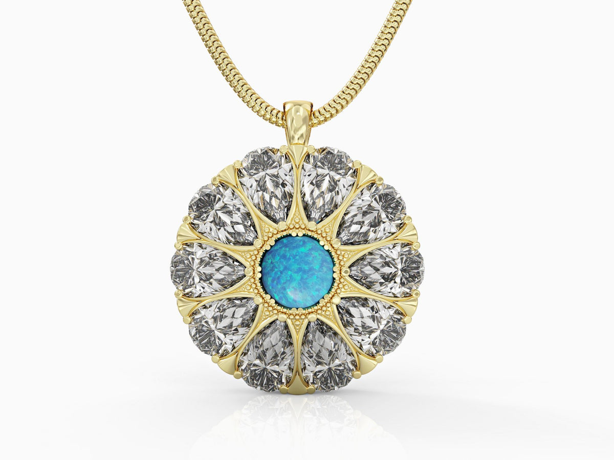 Drop flower necklace studded with zircons and opal