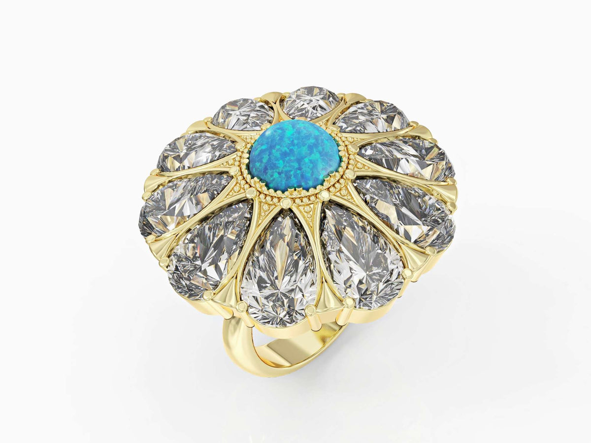 Flower drop ring studded with zircons