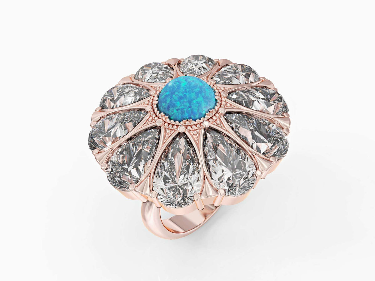 Flower drop ring studded with zircons