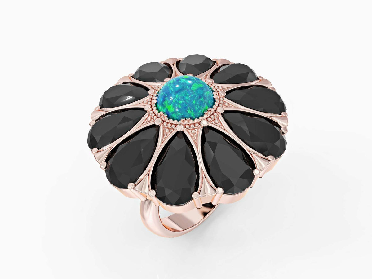 Flower drop ring studded with zircons