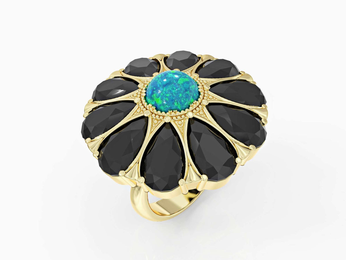 Flower drop ring studded with zircons