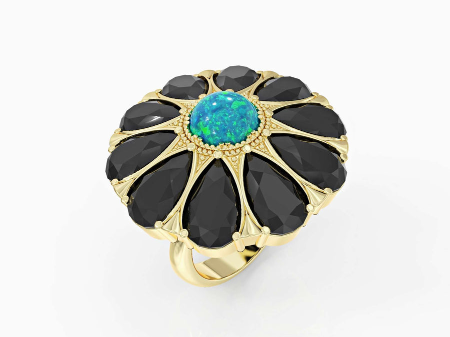 Flower drop ring studded with zircons